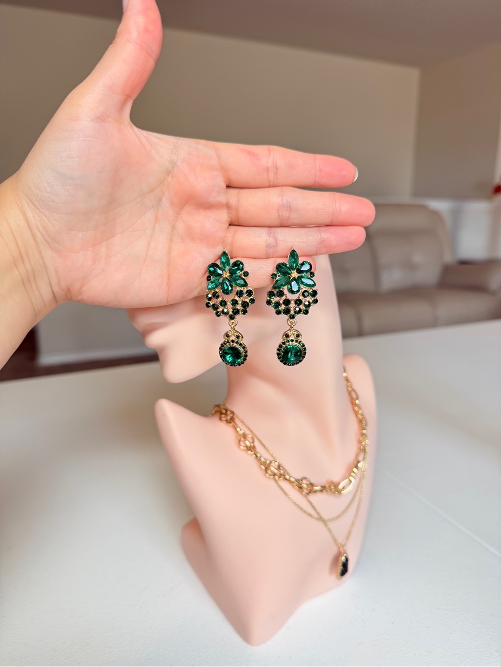 Gold & Green Crystal Floral Drop Earrings - Picture 8 of 10